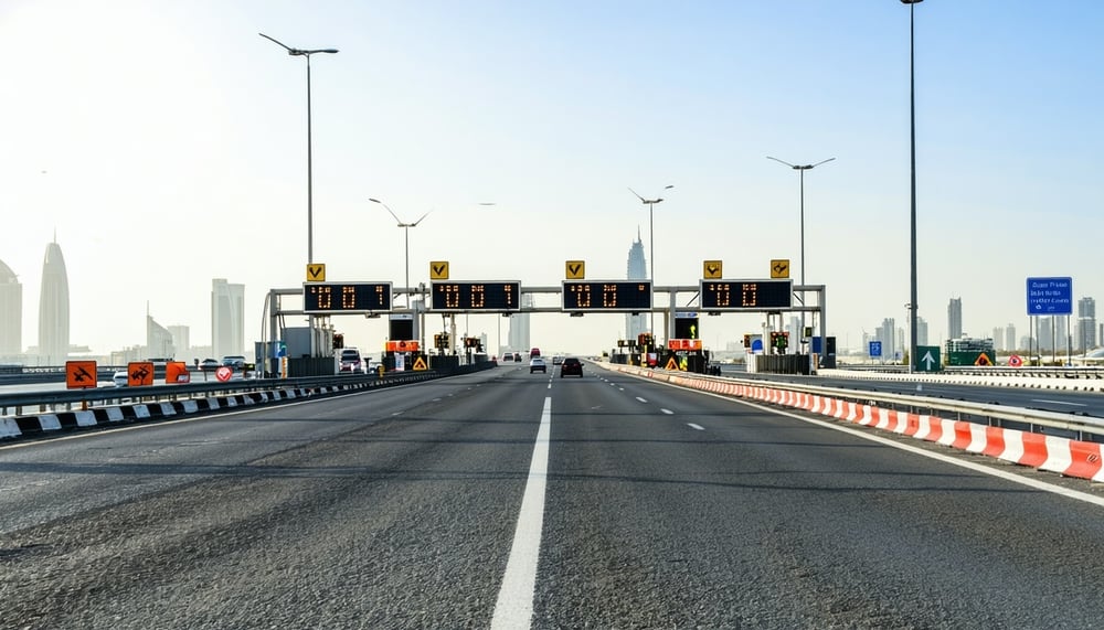 Modern Dubai highway with electronic road toll station