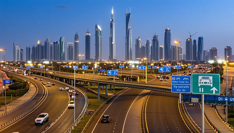 Dubai skyline with busy roads and toll gates